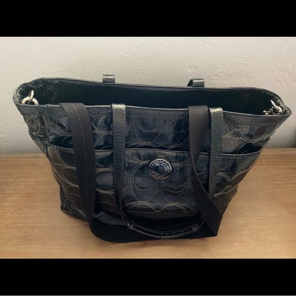 Coach Signature Black Leather Patent Travel Bag - Picture 1 of 12